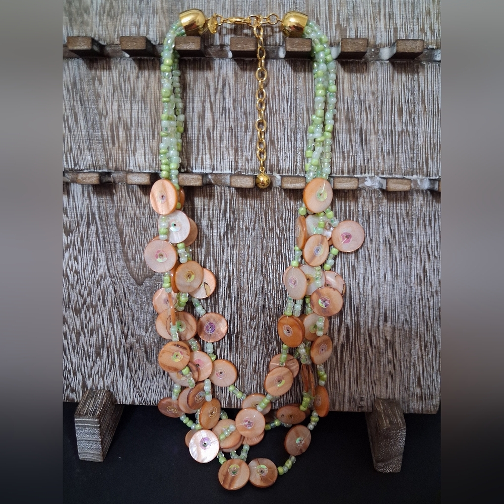Vintage Joan Rivers Signed Shell & Glass Peachy Button Necklace